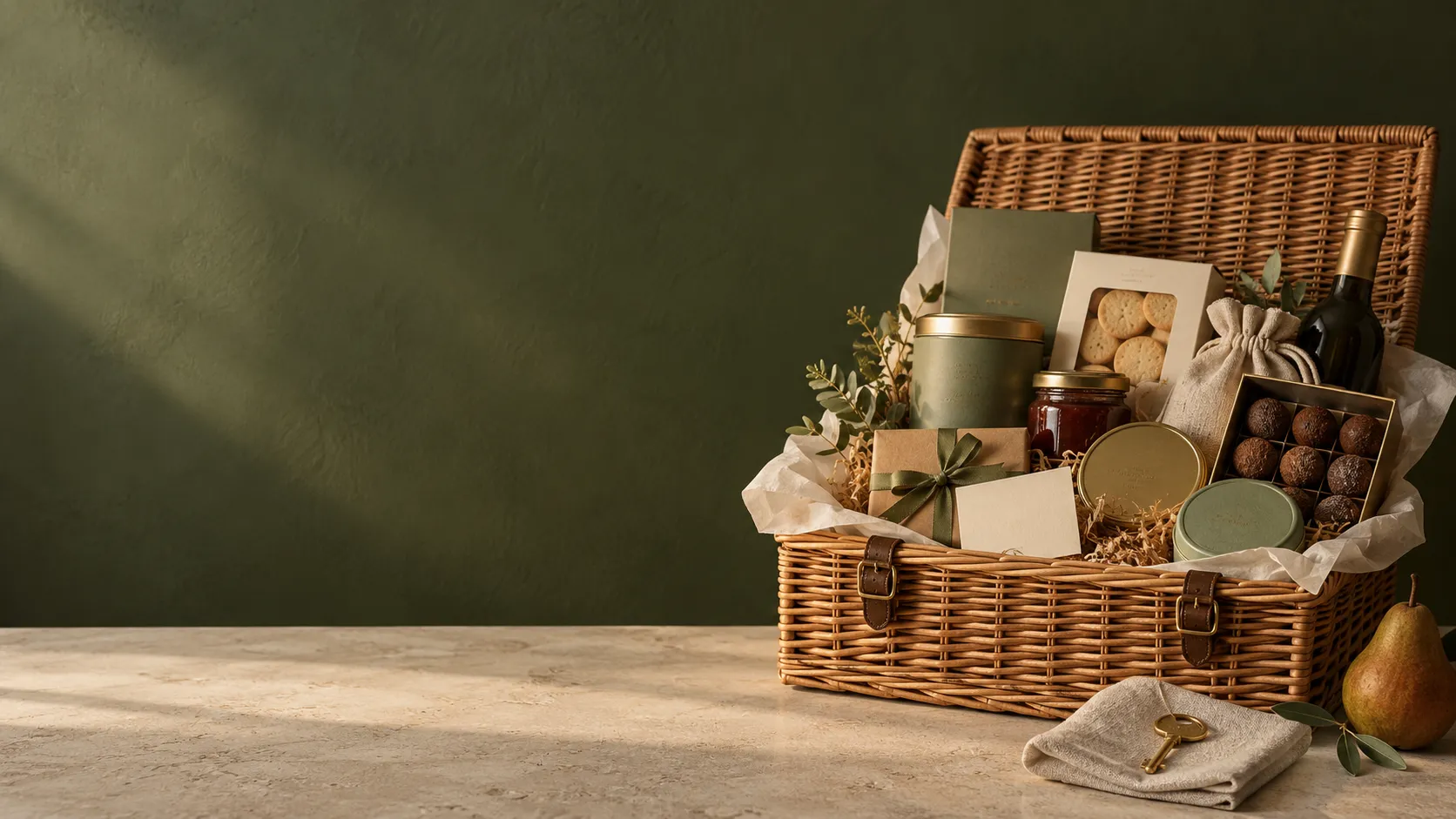 An open wicker hamper packed with gifts, tied with a green ribbon, with a pear and a house key beside it