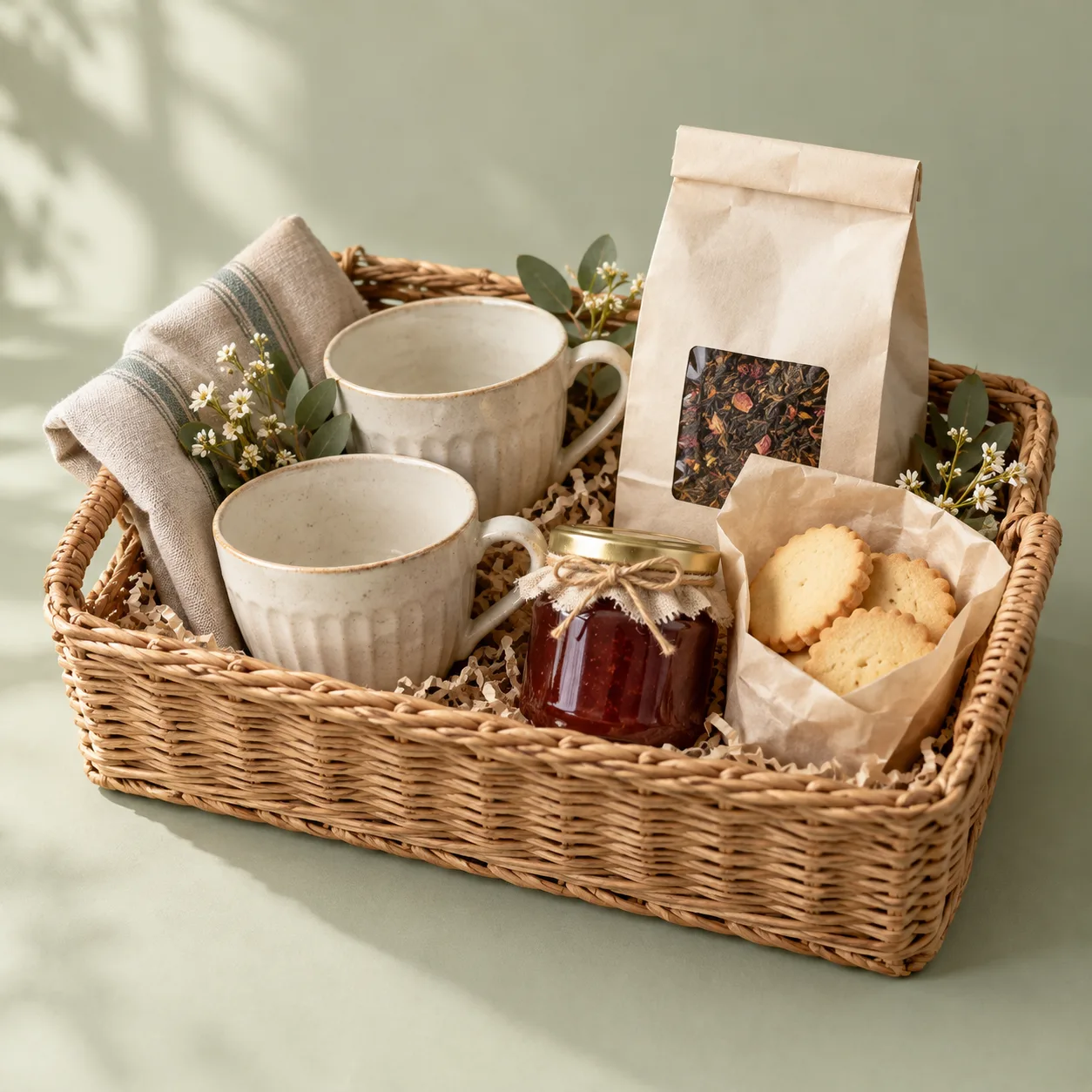 Tea cups, shortbread and preserve tucked into a wicker gift tray